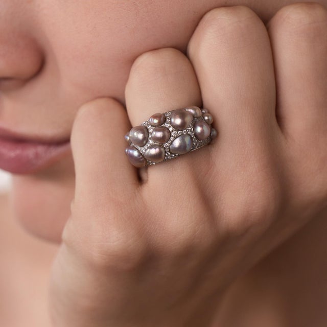 Mid 20th Century Mid 20th Century Monili Natural Pearl Diamond Platinum Cluster Ring, Size 6.5 For Sale - Image 5 of 6