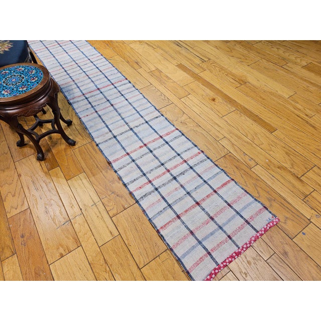 Vintage American Rag Runner, Handwoven Wool & Cotton, Indigo Stripe Pattern, 2x11 For Sale - Image 12 of 12