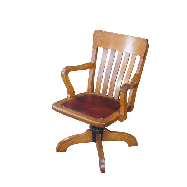 Traditional Antique Edwardian Quartersawn Oak Bankers Lawyers Desk Chair Leather Seat Swivel For Sale - Image 3 of 15