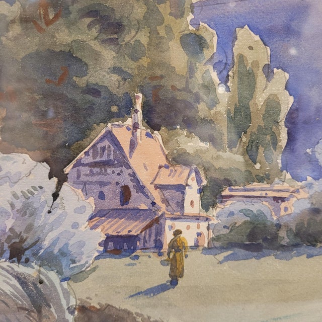 French Artist, Landscape in Blue, 1980s, Watercolor For Sale - Image 9 of 16