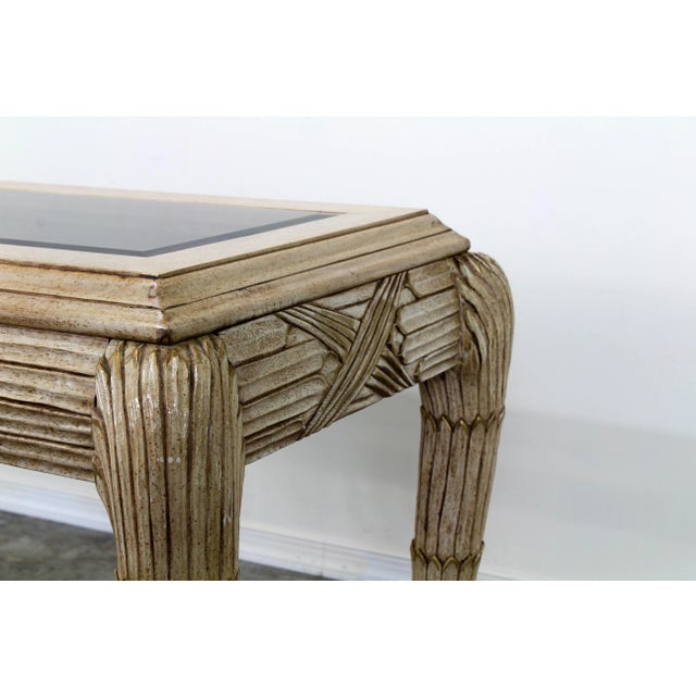 Mid-Century Modern Mid Century Carved Carved Wood Feather Console Table With Glass Top For Sale - Image 3 of 8