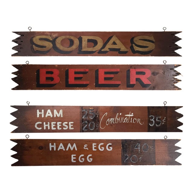 Painted Roadside Wooden Diner Signs Beer Soda Ham Egg & Cheese - Set of 2 For Sale