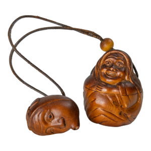 20th Century Japanese Carved Boxwood Inro and Netsuke With Faces