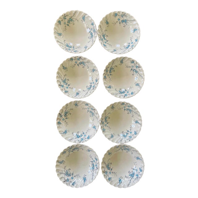 Early 20th Century Blue and Black Staffordshire Forget Me Not 6 3/8” Bowls - Set of Eight (8) For Sale