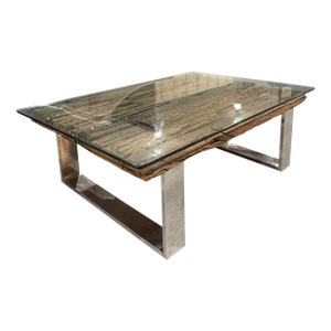 Reclaimed Wood & Glass Coffee Table With Chrome Base