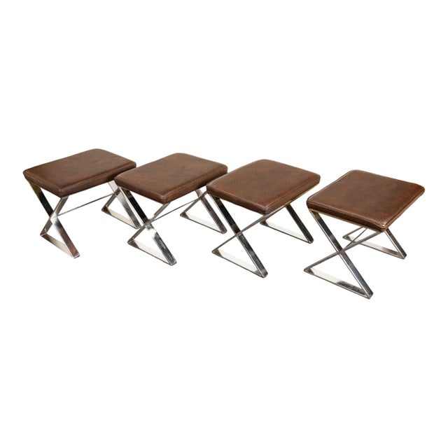1970s Mid Century Modern Milo Baughman for Thayer Coggin Ostrich Leather 4 Chrome Stools For Sale - Image 10 of 12