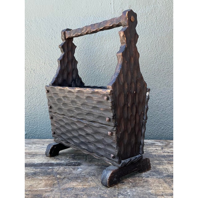Vintage Carved Pine Wood Basket For Sale In West Palm - Image 6 of 12