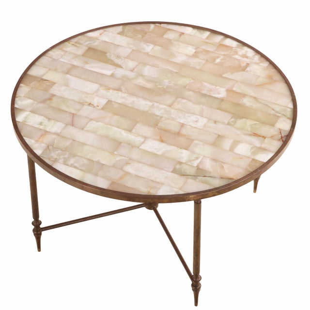 Traditional French Directoire Style Brass Coffee or End Table Having a Tessellated Onyx Top C 1950. For Sale - Image 3 of 4