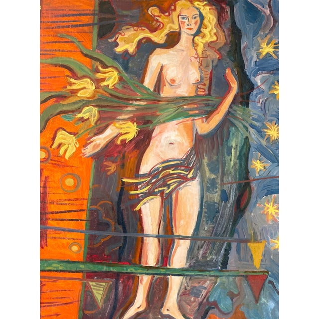 “Le Venus” by 20th Century, Alsatian artist Robert Pfeiffer. A 70’s ode to Botticelli in bold primary color. This oil on...