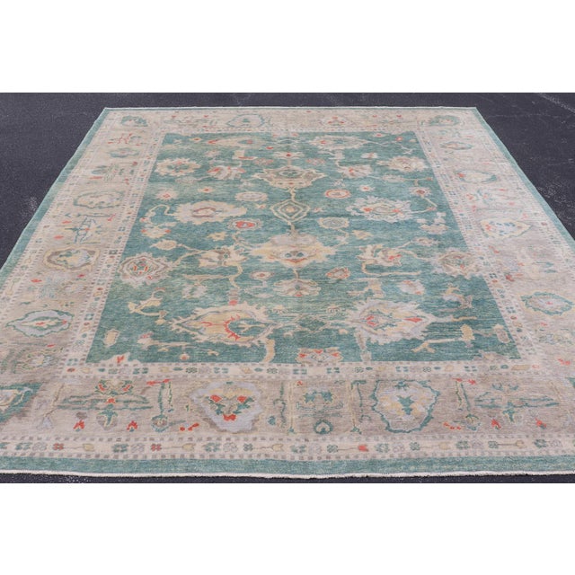 Green Green Color Turkish Oushak Rug by Keivan Woven Arts 10'7'' X 13'8'' For Sale - Image 8 of 18