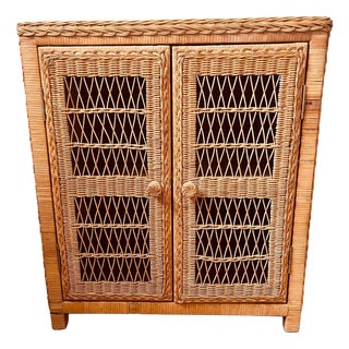 Vintage Wicker Shelved 2-Door Cupboard For Sale