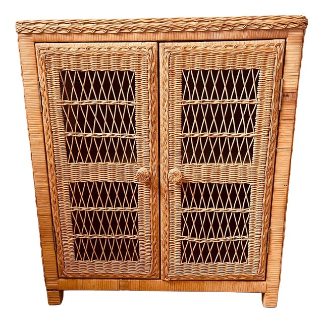 Vintage Wicker Shelved 2-Door Cupboard For Sale