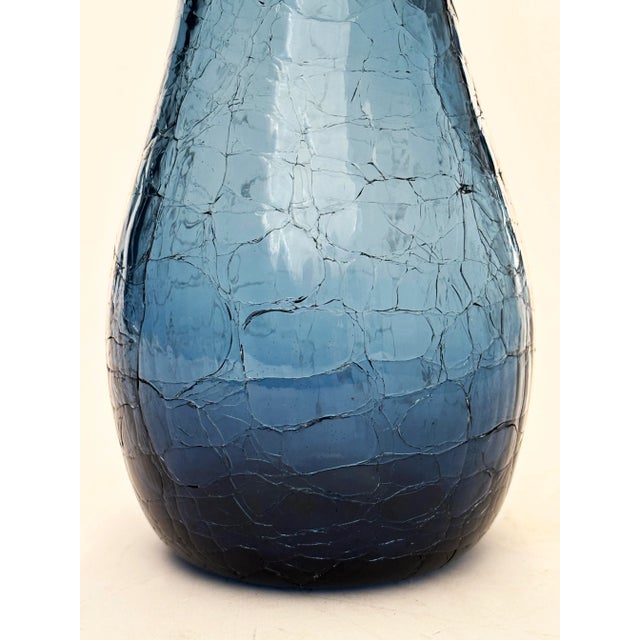 Cobalt Blue Crackle Hand-Blown Glass Vase by Blenko Glass Co. For Sale In Louisville - Image 6 of 16