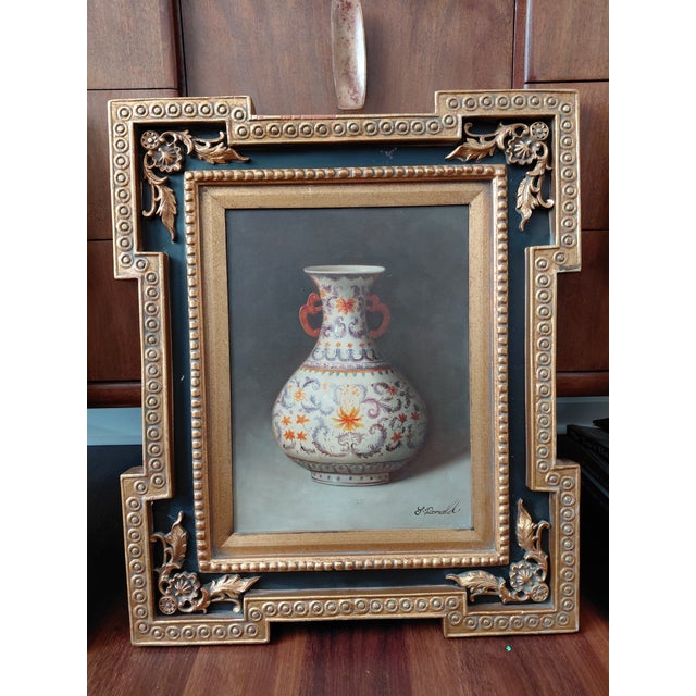 Hollywood Regency 1970s signed “J. Ronald” Chinoiserie Still Life Paintings in Hollywood Regency Frames - Set of Three For Sale - Image 3 of 6