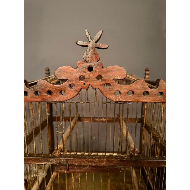 French Folk Art Finch Bird Cage in Fruitwood & Steel, Circa 1890 For Sale - Image 9 of 14