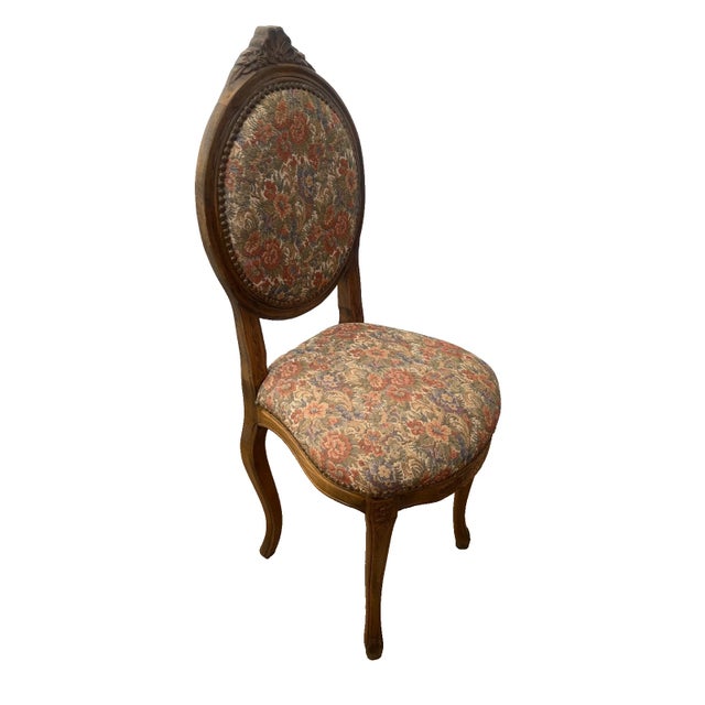 French Country Vintage Accent Chair, Carved Back, Solid Walnut, Flower Embroidery Seat and Back For Sale - Image 3 of 11