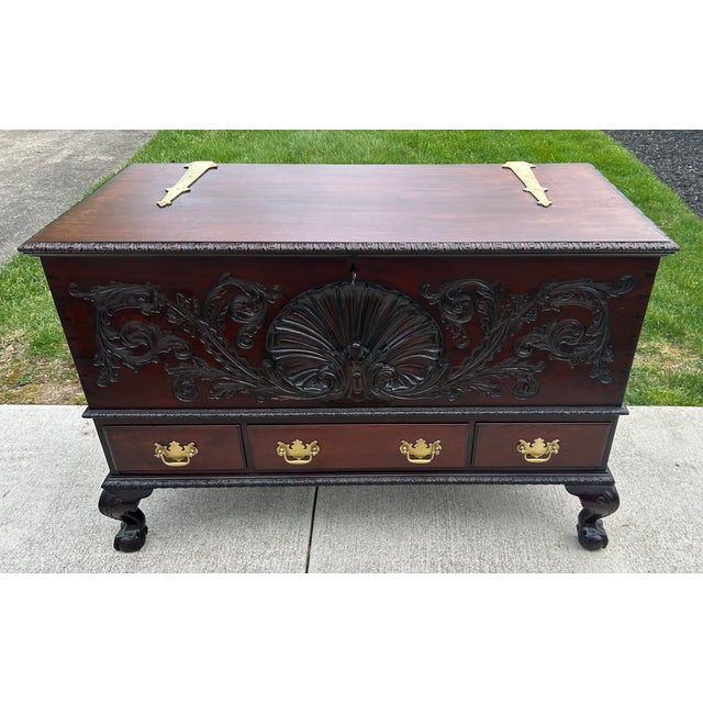 Antique Solid Mahogany Shell Carved Claw Foot Centennial Blanket Chest For Sale - Image 10 of 17
