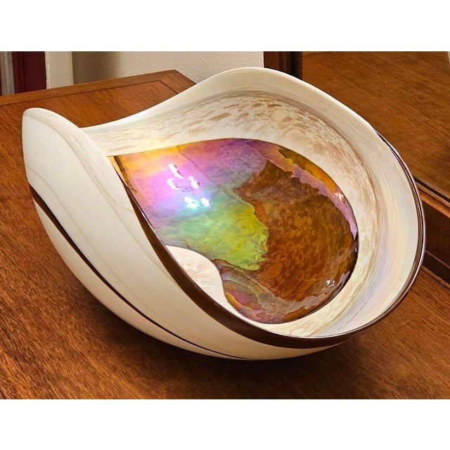 Murano Attributed Art Glass Bowl – Iridescent Cartoccio Form in Ivory & Brown, Hand-Blown Venetian Style Sculptural Centerpiece For Sale - Image 10 of 16