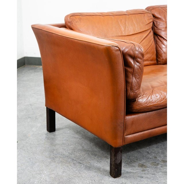 Mid Century Danish Modern Sofa Settee 3 Seater Brown Cognac Leather Denmark MCM For Sale In Sacramento - Image 6 of 12