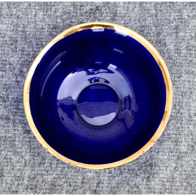 Vintage Cobalt Blue Glass Bowl Gold Rim Textured Pebble Art Glass For Sale - Image 14 of 15