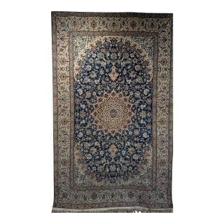 Vintage Persian Nain Area Rug, Hand-Knotted Wool & Silk, Floral Pattern, 6x9, Royal Blue & Ivory For Sale
