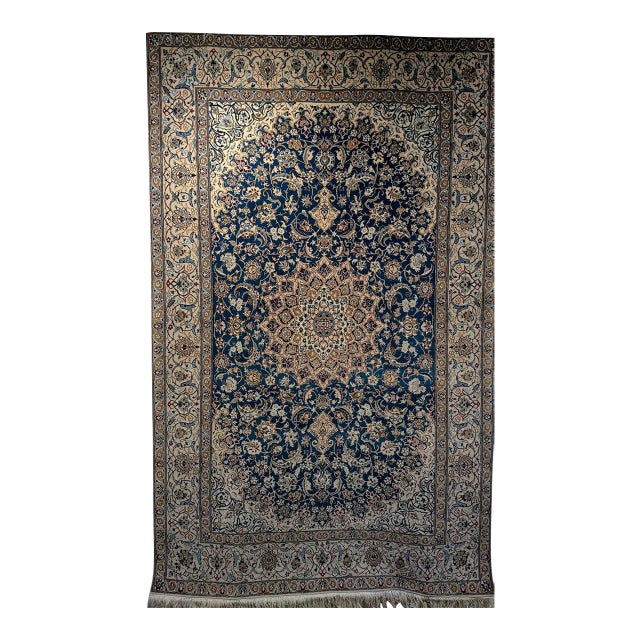 Vintage Persian Nain Area Rug, Hand-Knotted Wool & Silk, Floral Pattern, 6x9, Royal Blue & Ivory For Sale