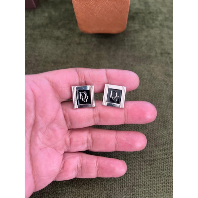 Vintage Christian Dior Silver Plated Logo Cufflinks Circa 1970 In Bochic Case For Sale In New York - Image 6 of 10
