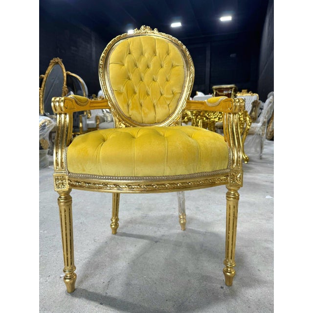 2020s Baroque Golden Yellow Velvet Chair With Exquisite Gold Leaf Details For Sale - Image 5 of 10
