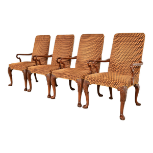 Baker Furniture Stately Homes Georgian Carved Mahogany Open Arm Library Chairs, Set of Four