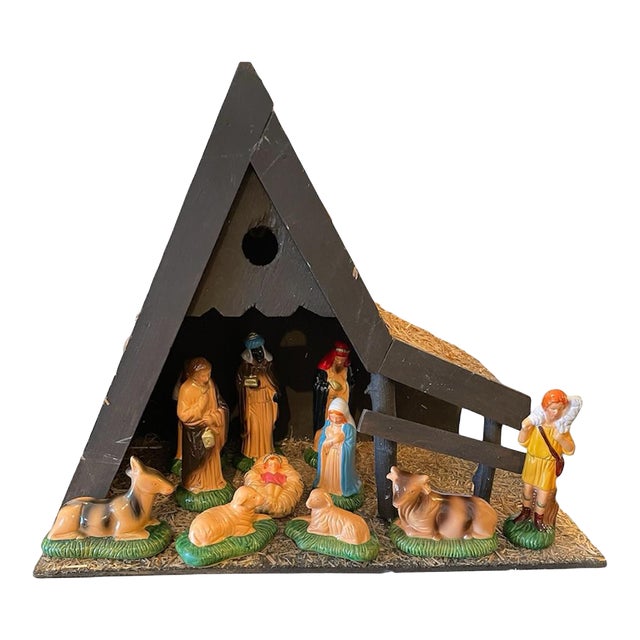 Mid Century Modern 1960s a-Frame Christmas Manger Nativity Scene With Hand-Painted Figures For Sale