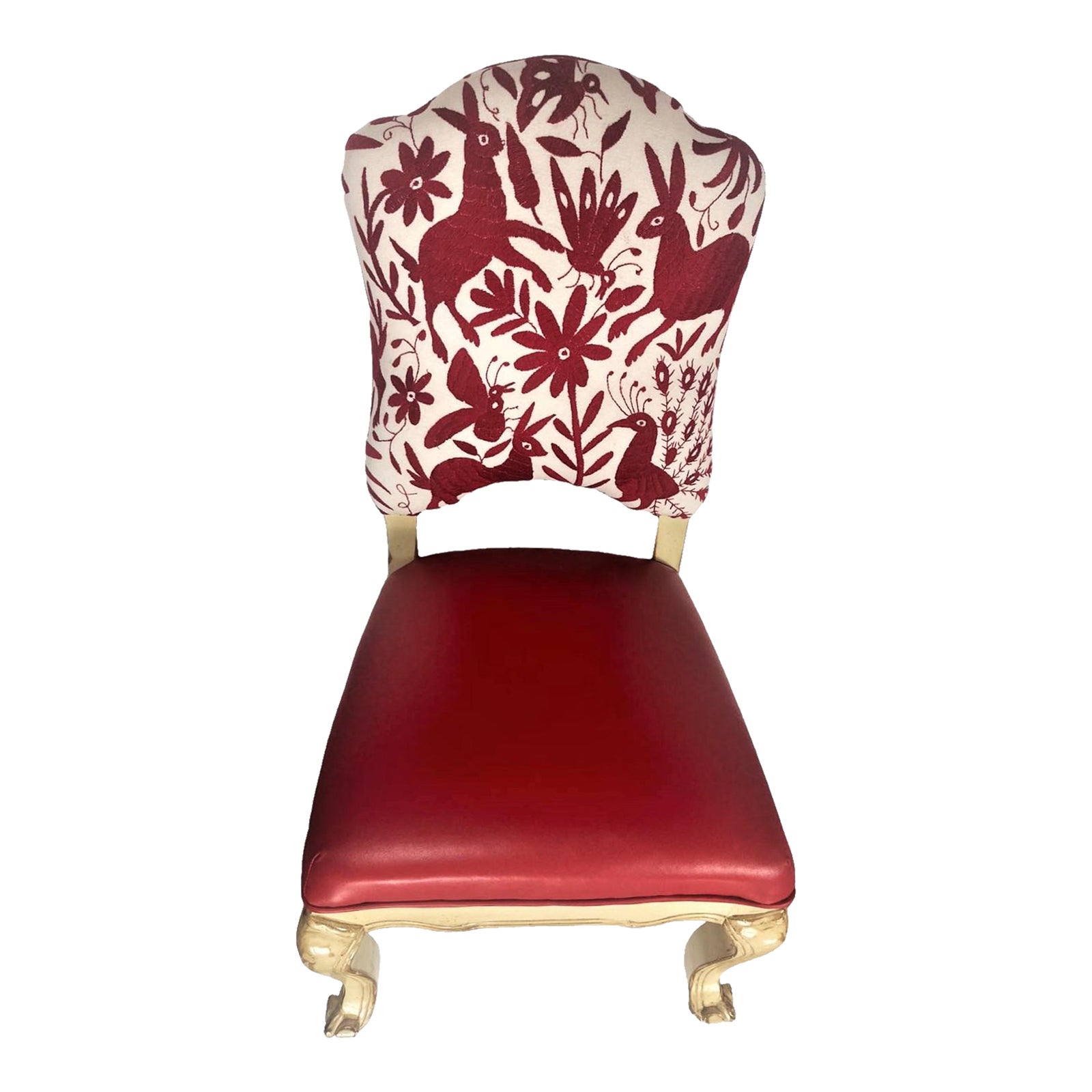 Red Leather and Otomi Hand Embroidery New Upholstery on Vintage Late