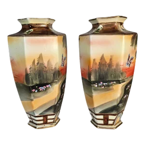 Imperial Nippon Hand Painted Butterfly Vases Pair 9.5"
