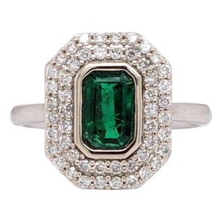 Emerald Cut Zambian Emerald Diamond Double Halo Ring: Solid 14k Gold, 7x4mm, Size 6.75 For Sale