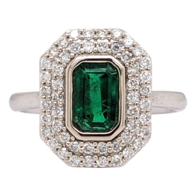 Emerald Cut Zambian Emerald Diamond Double Halo Ring: Solid 14k Gold, 7x4mm, Size 6.75 For Sale