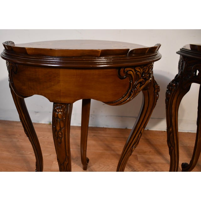 Brown 1920s Antique French Louis XV Walnut & Satinwood Inlay Coffee and End Tables Set For Sale - Image 8 of 17