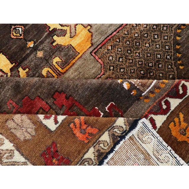 Galerie Shabab Collection Mid-20th Century Handmade Turkish Tribal Room Size Rug in Brown Yellow and Red For Sale - Image 9 of 10