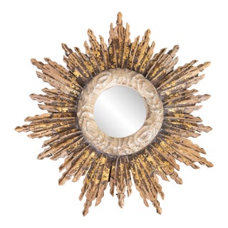 Vintage French Rustic Giltwood Sunburst Mirror For Sale