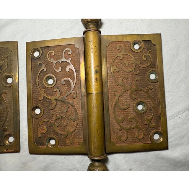 19th Century Pair Antique 19th Century Ornate Solid Heavy Brass Bronze Door Hinges Hardware For Sale - Image 5 of 12