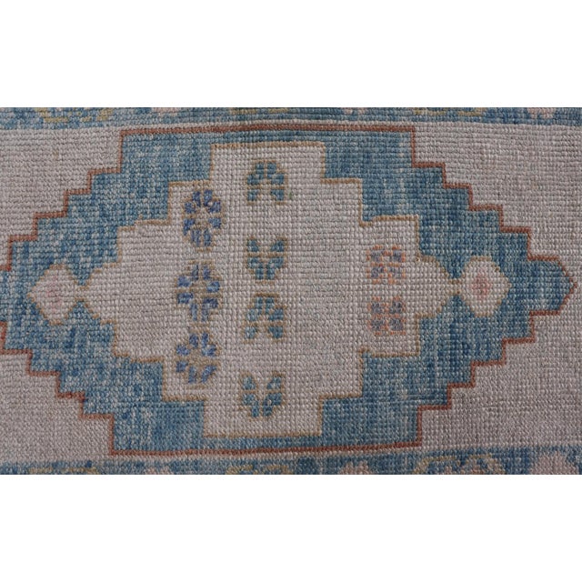 Modern Turkish Oushak Rug in Blue and Beige Geometric Patterns 2'4" X 3'7" For Sale - Image 9 of 10
