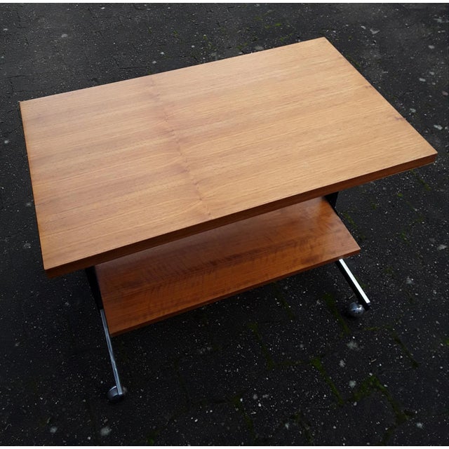 1970s Teak & Steel Side Table on Wheels, 1970s For Sale - Image 5 of 6