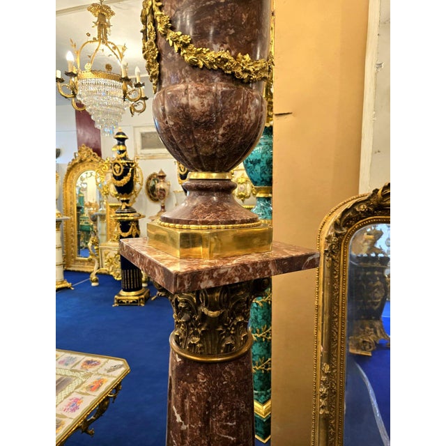 2010s Louis XVI-Style Porcelain Pedestal Centerpiece Set of 2 With Floral Gold Leaf Details & Gilded Bronze Accents For Sale - Image 5 of 11