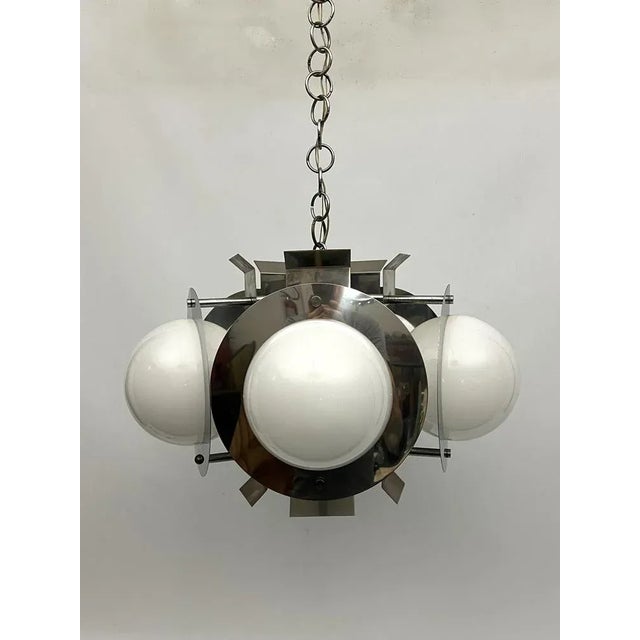 Space Age Five-Light Hanging Light in Chrome and White Glass, Italy, 1970s For Sale - Image 9 of 9