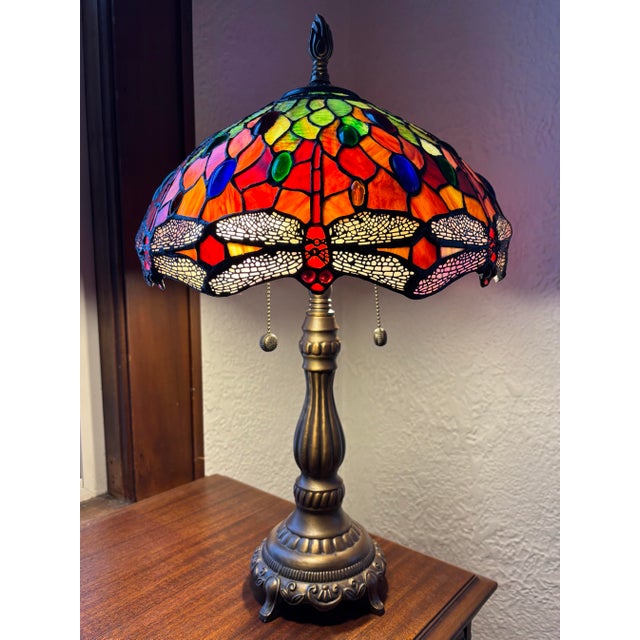 Mid 20th Century Styled After Tiffany Leaded Stained Glass Dragonfly Table Lamp For Sale - Image 11 of 11