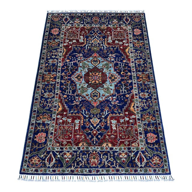 Royal Blue Karachoph Kazak Medallion Hand-Knotted Wool Rug - 3'11" X 6'0" For Sale