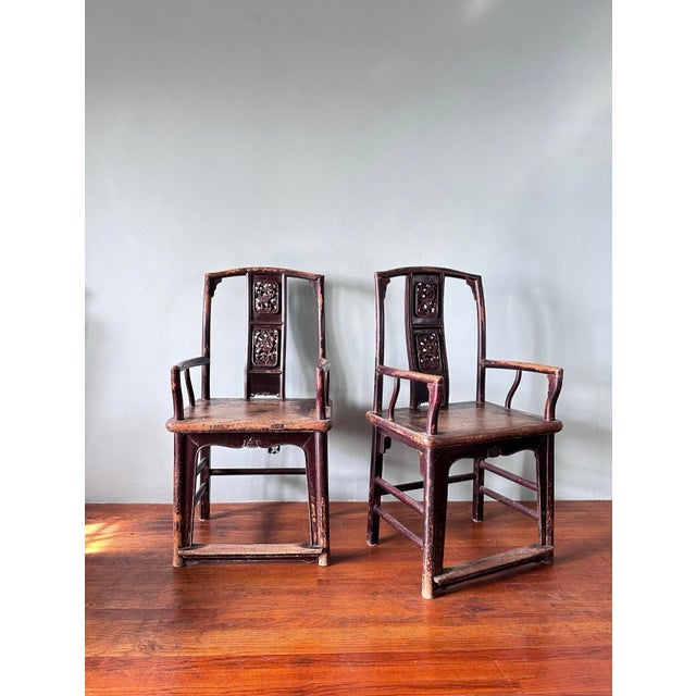 Chinese 19th Century Chinese Hand Carved Wood High Back Arm Chairs For Sale - Image 3 of 8