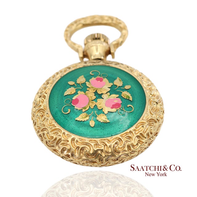 18k 750 Yellow Gold Enamel Pocket Watch Pendant Necklace For Sale - Image 4 of 14