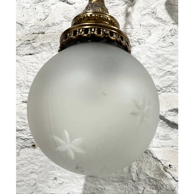 Antique Victorian Style Ornate Brass and Etched Glass Globe Wired Pendant Light For Sale In Pittsburgh - Image 6 of 8