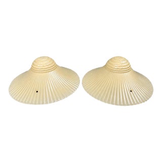Vintage Art Deco Ivory Opalescent Ribbed Glass Pendant Light Shades, Three-Chain Ceiling Fixture Shades - a Pair For Sale