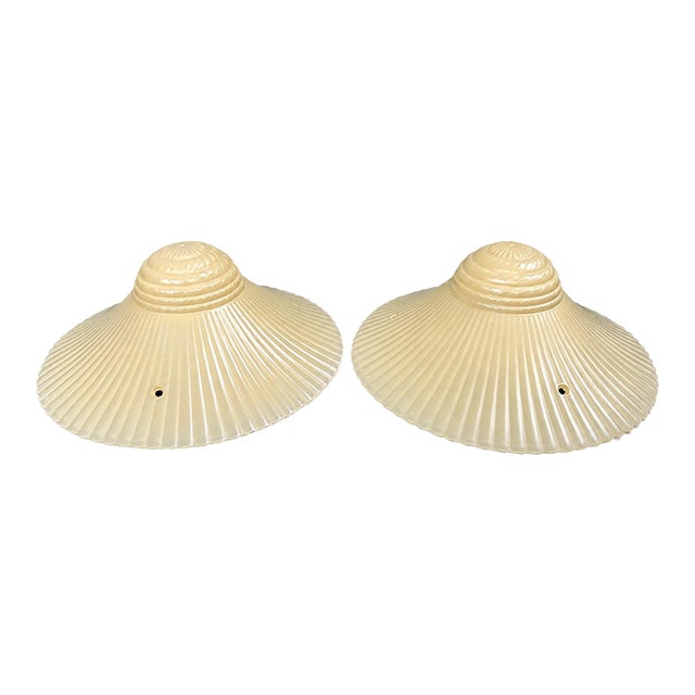Vintage Art Deco Ivory Opalescent Ribbed Glass Pendant Light Shades, Three-Chain Ceiling Fixture Shades - a Pair For Sale