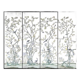 Custom Hand-Painted Silk Chinoiserie Mural | Dusty Lavender Botanical Heron Wallpaper | Luxury Handcrafted Wall Covering For Sale